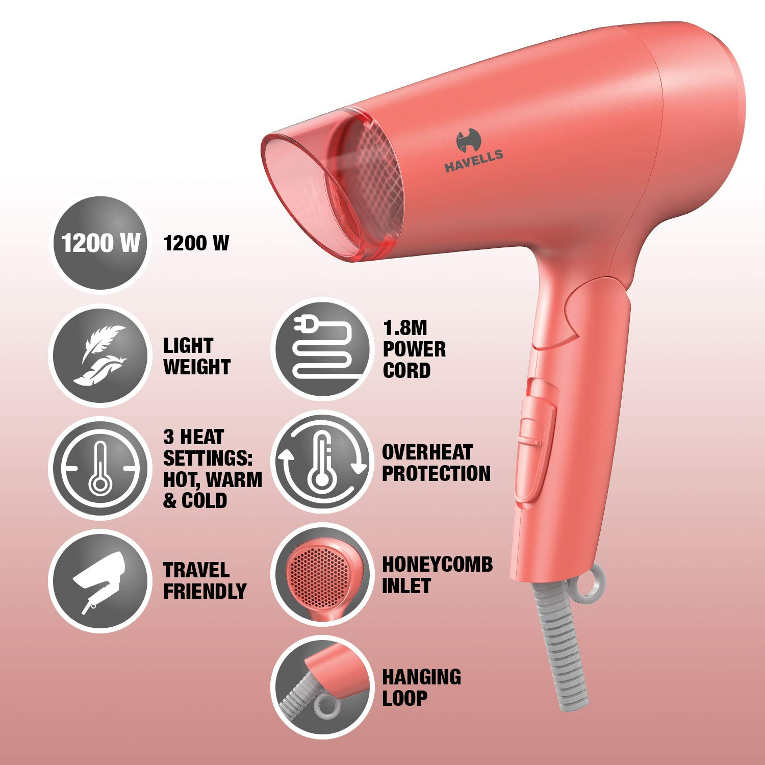 Havells HD2223 1200 Watts Foldable & Travel Friendly Hair Dryer, 3 Heat (Hot/Cool/Warm) Settings, with Overheat Protection (Coral)