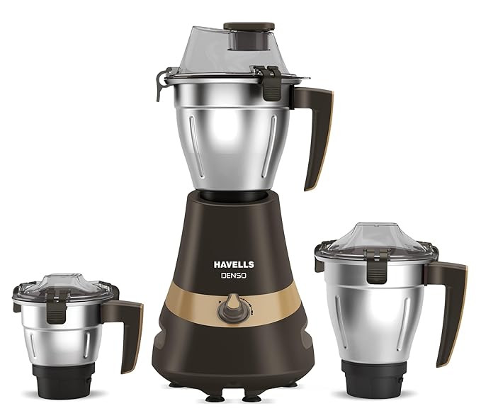 Havells Denso Heavy Duty 900 Watts 3 Jar Mixer Grinder, Ball Bearing Copper Motor, 21000 RPM, Large Size Break Resistant Alluminium Collar Jars with Flow Breaker, 5Years Motor Warranty (Dark Brown)